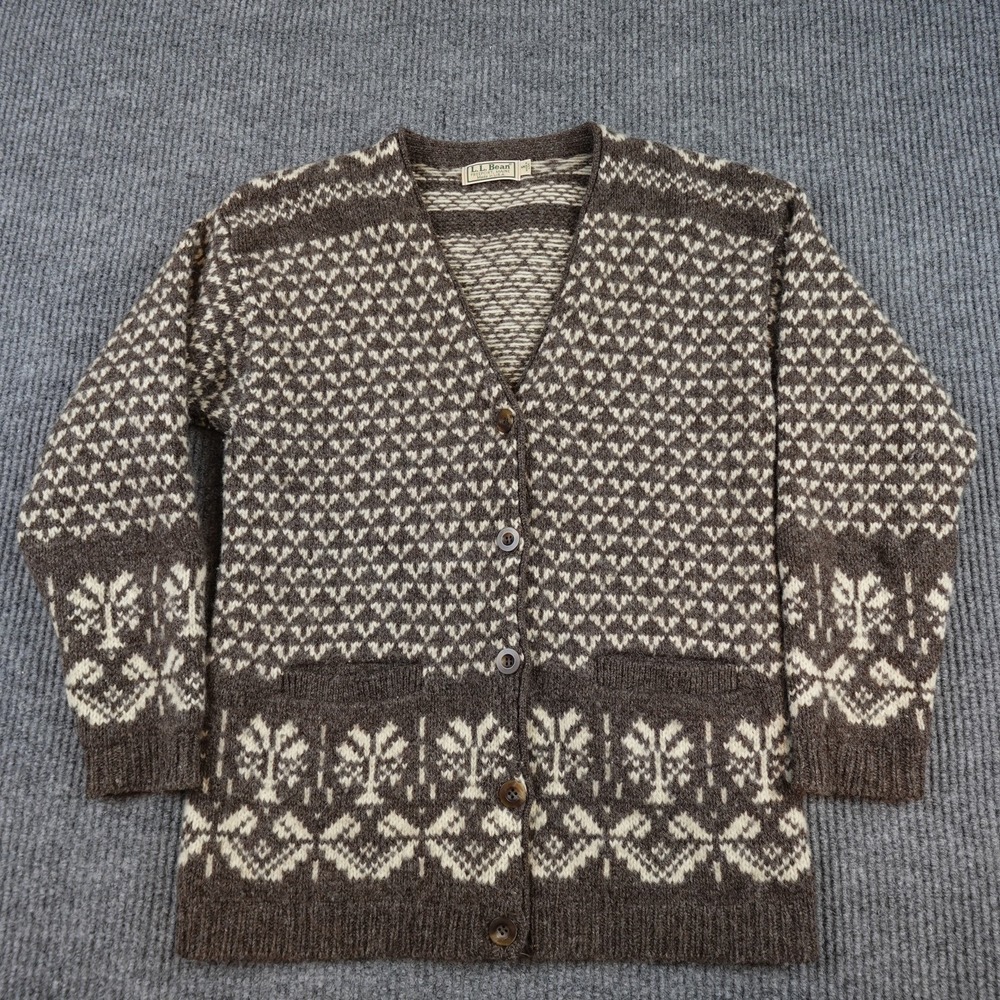 Vintage LL Bean Birds Eye Cardigan Sweater Womens Small Brown Fair Isle USA